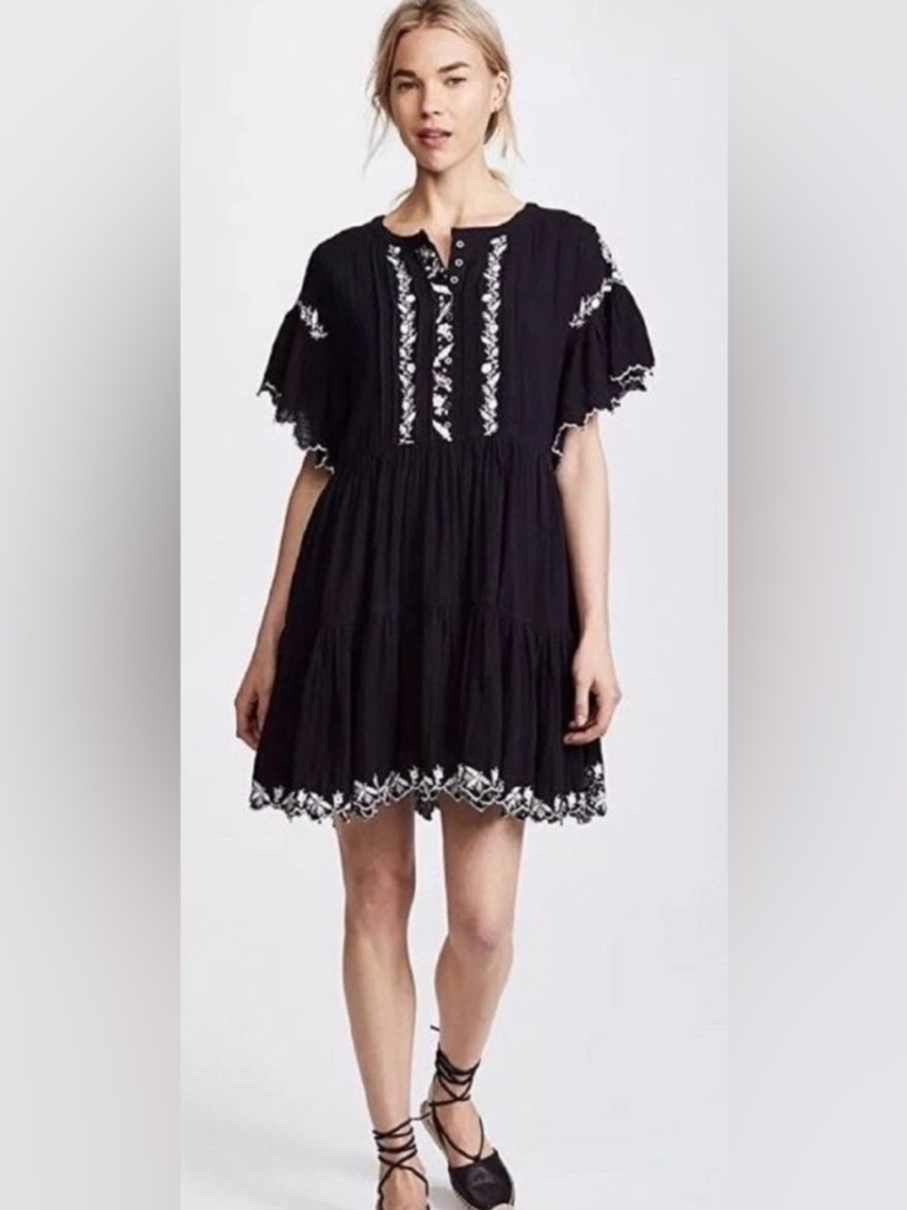FREE PEOPLE Santiago Mini Dress Gauze Embroidered Cotton Black medium